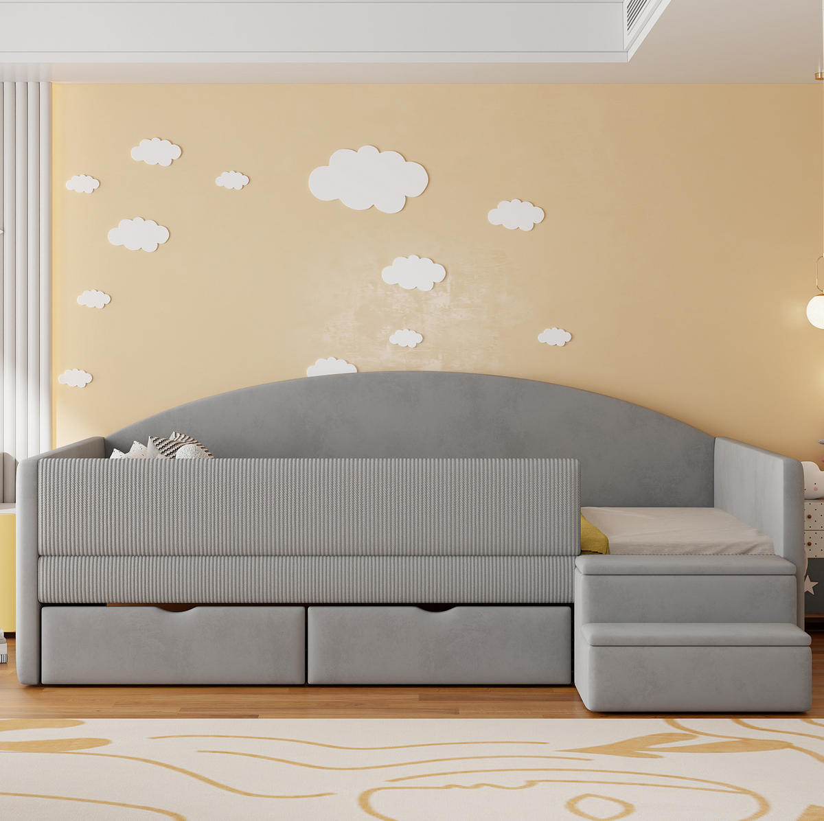 POLSTERBETT 90/190 cm aus Samt mit Schubladen und Stufen, Hellgrau - Türkis, Textil (90/190cm) - OKMYHOME