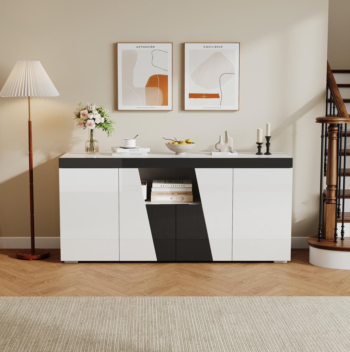 SIDEBOARD 140/40/65 cm aus Spanplatte mit LED-Beleuchtung, 4 Türen und verstellbaren Einlegeböden, Weiß/Schwarz - Weiß, Holzwerkstoff (140/65/40cm) - Redom