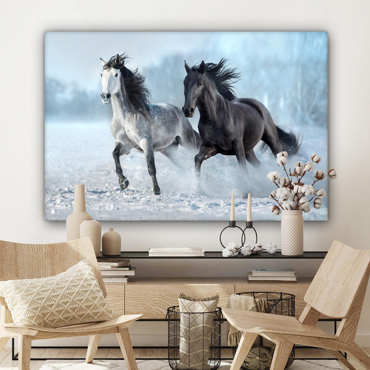 LEINWANDBILD Pferde - Winter - Tiere - Natur - Schnee Wohnzimmer 120x80 cm - Anthrazit, Textil (120/80cm) - MuchoWow