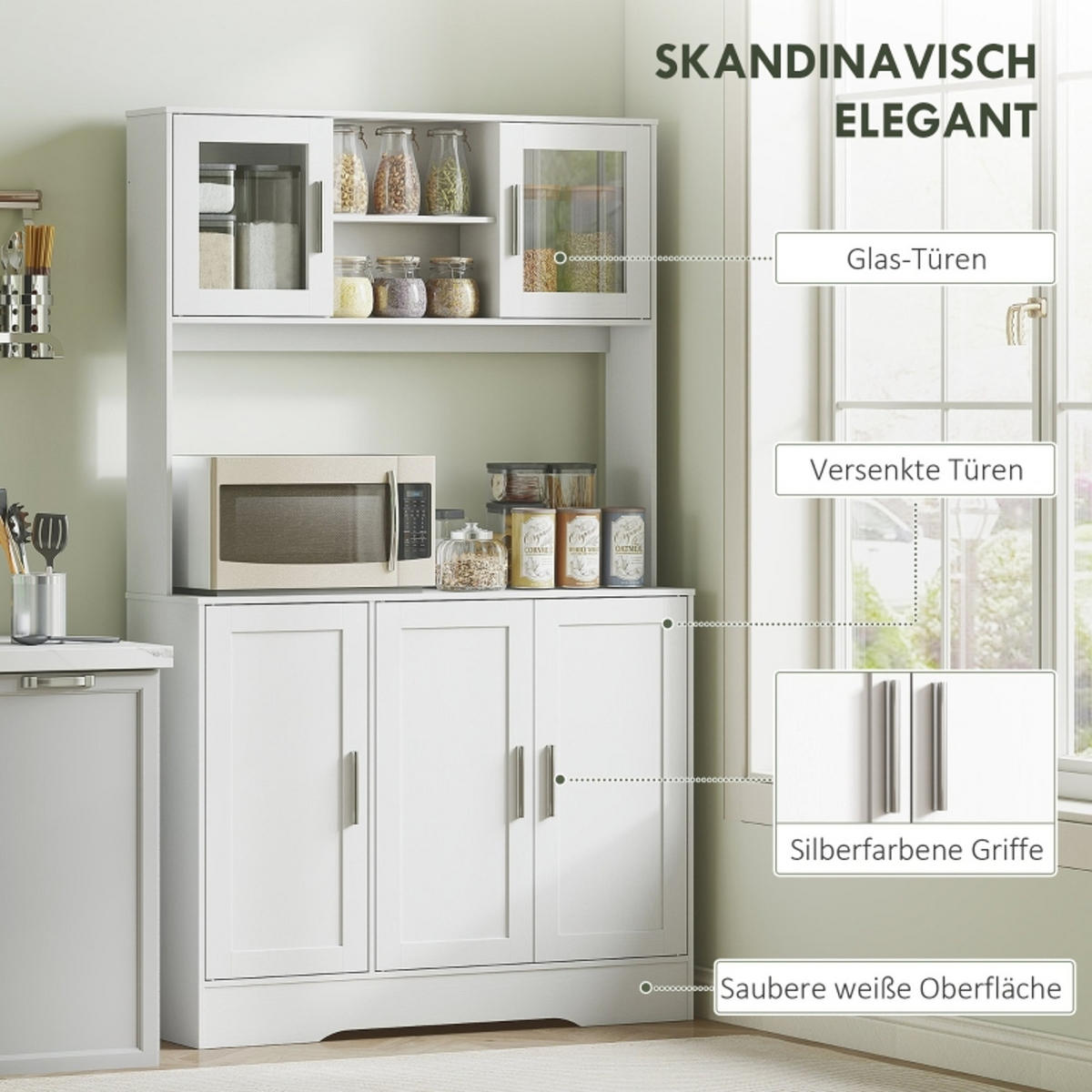 KÜCHENSCHRANK 108/180/35 cm, MDF und Glas, Weiß, VERSTELLBARE REGALE, Buffetschrank mit Glastüren für Esszimmer und Küche - Weiß, Holzwerkstoff (35/180/108cm) - Rolipo