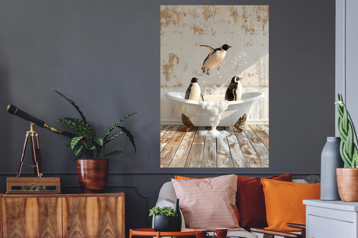 WANDTATTOO Vintage - Pinguin - Badewanne - Schaumstoff 80x120 cm - Schwarz, Kunststoff (80/120/0.1cm) - MuchoWow