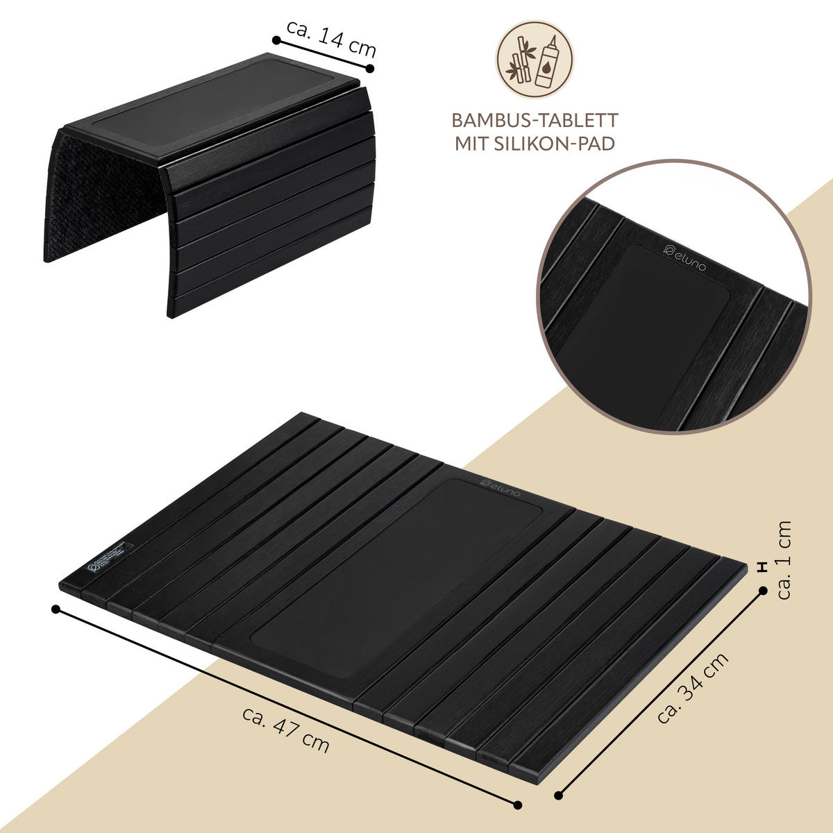 ARMLEHNEN-SOFATABLETT mit rutschfester Silikonablage, Bambus, schwarz - Schwarz, Naturmaterialien (47/1/34cm) - eluno