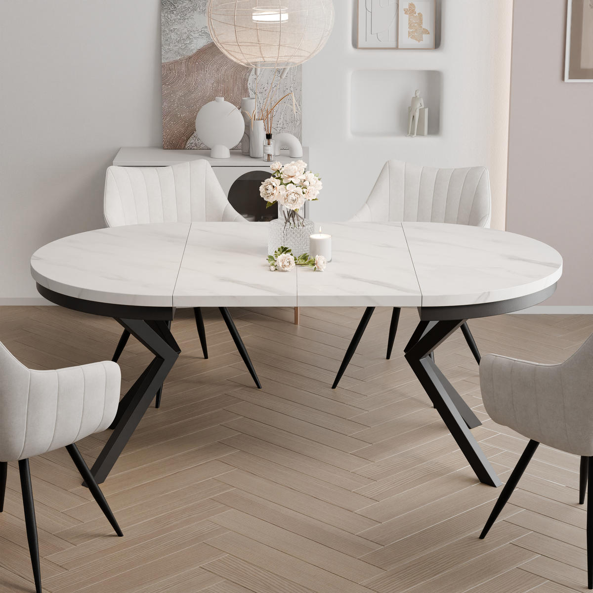 AUSZIEHTISCH MILTON 120-196/76 cm mit Metallgestell und Zarge, Schwarz / Bianco Marmor - Perlmutt/Schwarz, Holzwerkstoff/Metall (120/120/76cm) - Idohome