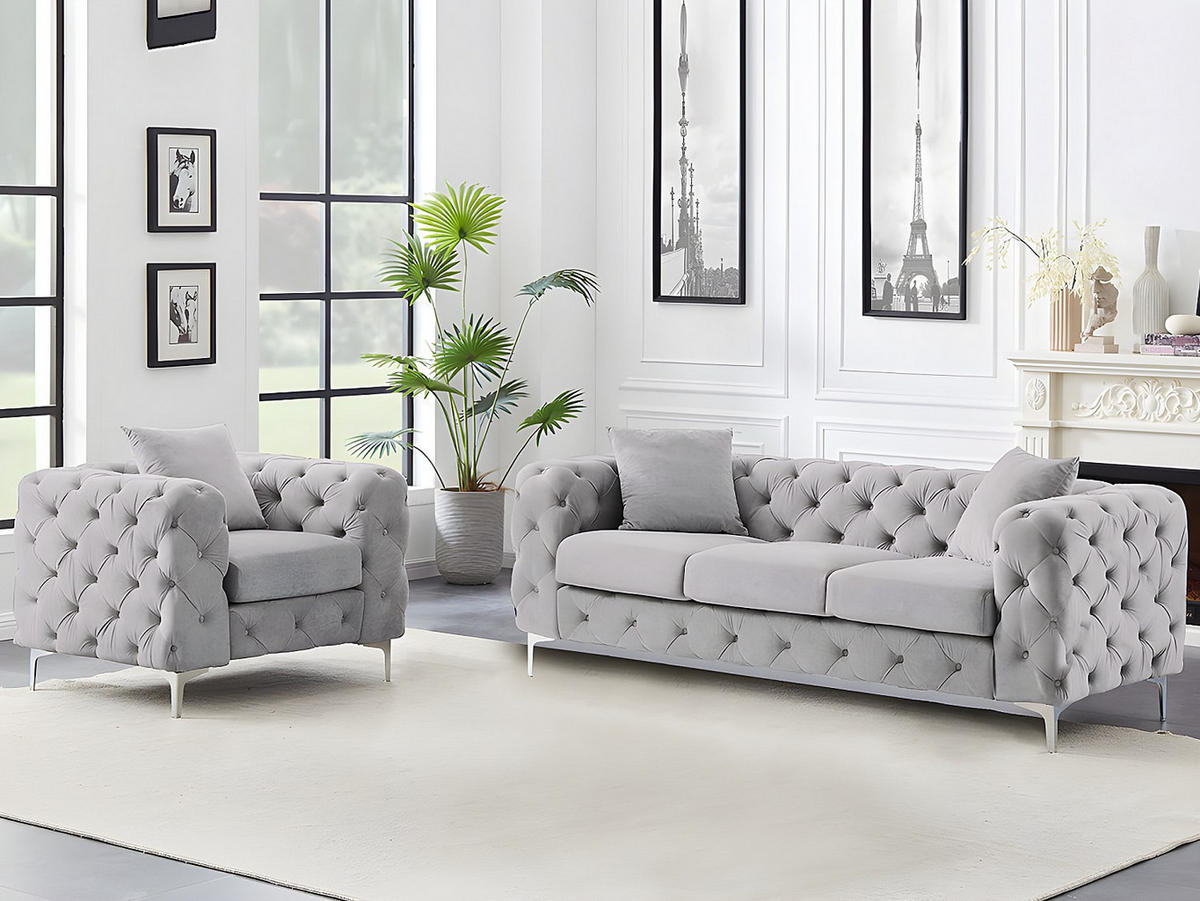 SOFA 3-Sitzer & Sessel - Hellgrau - Samt - EDWINA - Hellgrau, Textil (91/76/220cm) - Vente-Unique