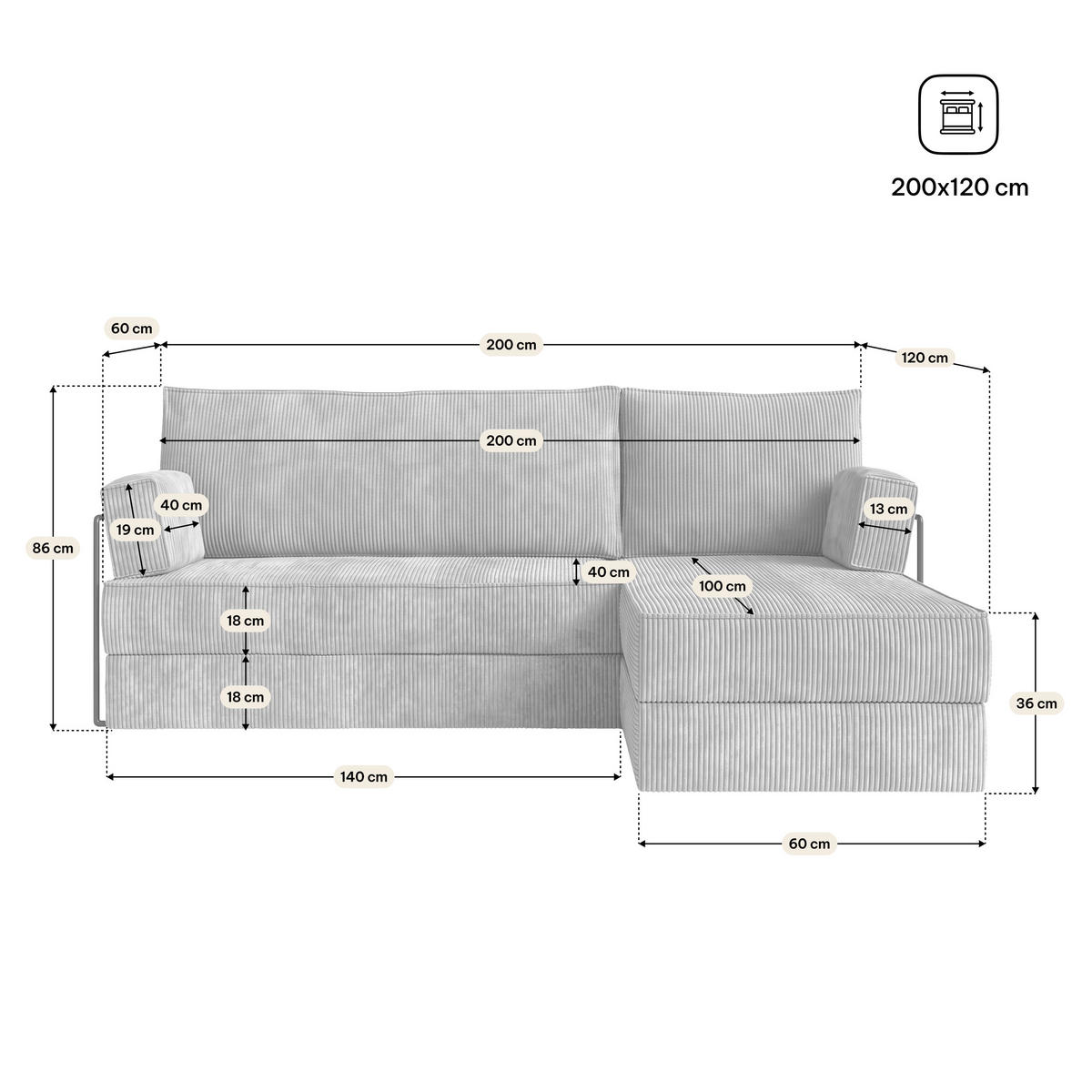 ROHOVÁ SEDAČKA NOTIA modulární Boneless pohovka s funkcí spaní, černá POSO 135 - černá, textil (200/120cm) - MASSENO