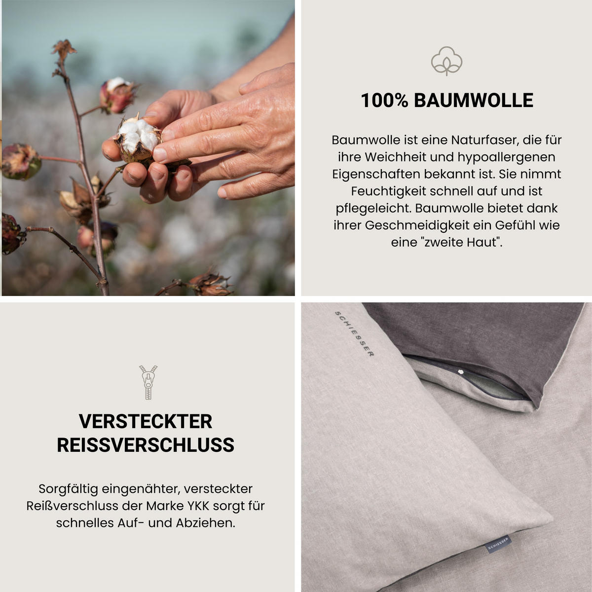 BETTWÄSCHESET Doubleface - Feinbiber - 2-teilig - 155 x 220 cm - Hellgrau-Dunkelgrau - Dunkelgrau, Textil (155/220cm) - SCHIESSER