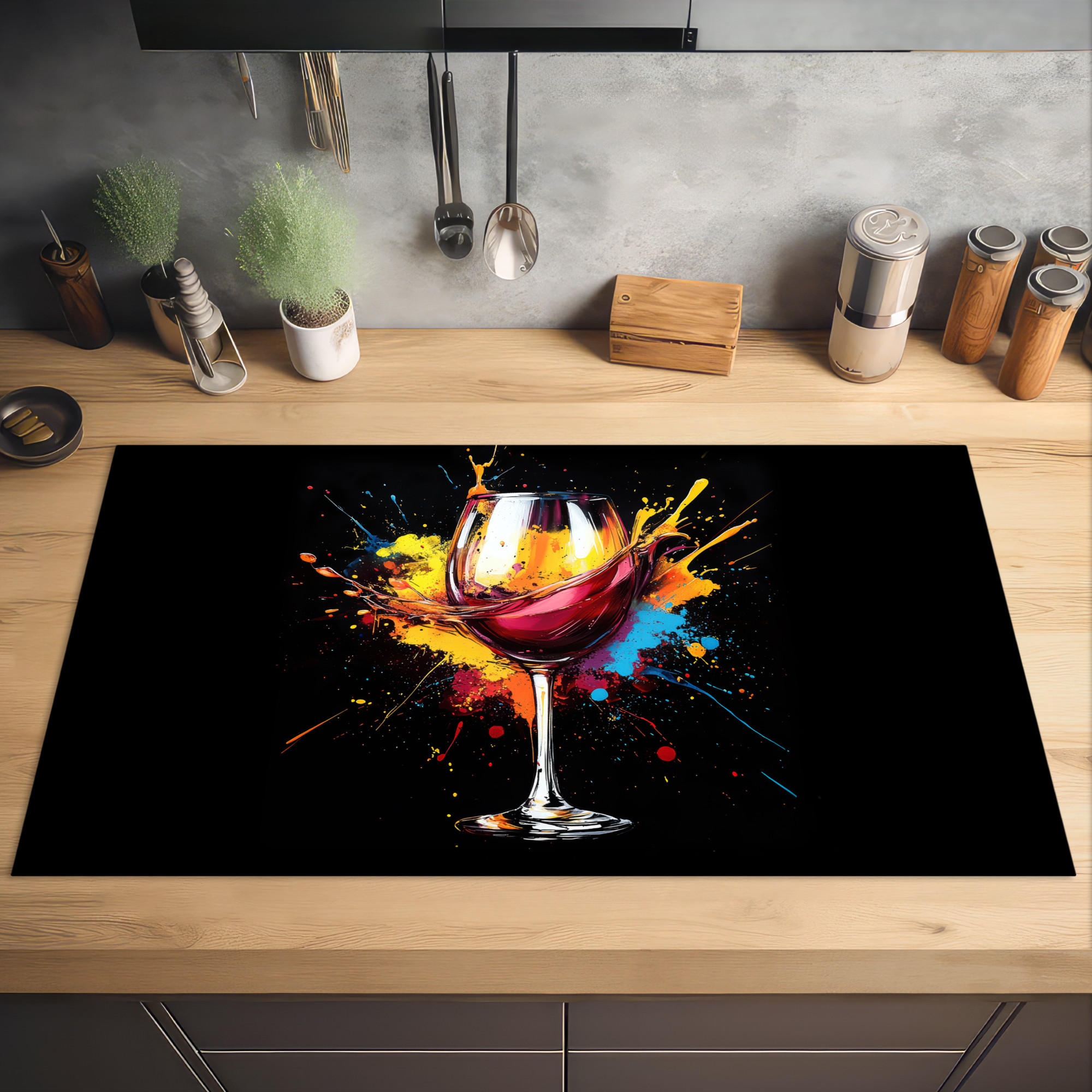 HERDABDECKPLATTE Wein - Glas - Graffiti - Getränk - Rot - Farbe 91x52 cm - Weinrot, Kunststoff (91.6/0.2/52.7cm) - MuchoWow