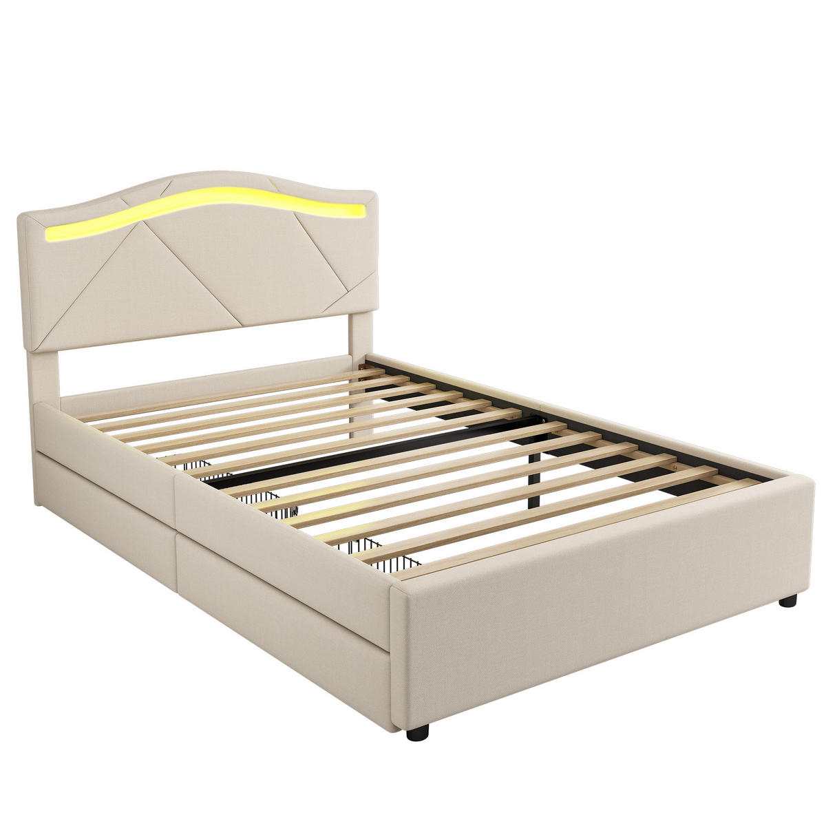 POLSTERBETT 90/200 cm in Beige Leinen mit 2 Schubladen und LED - Beige, Holzwerkstoff/Textil (90/200cm) - WISHDOR
