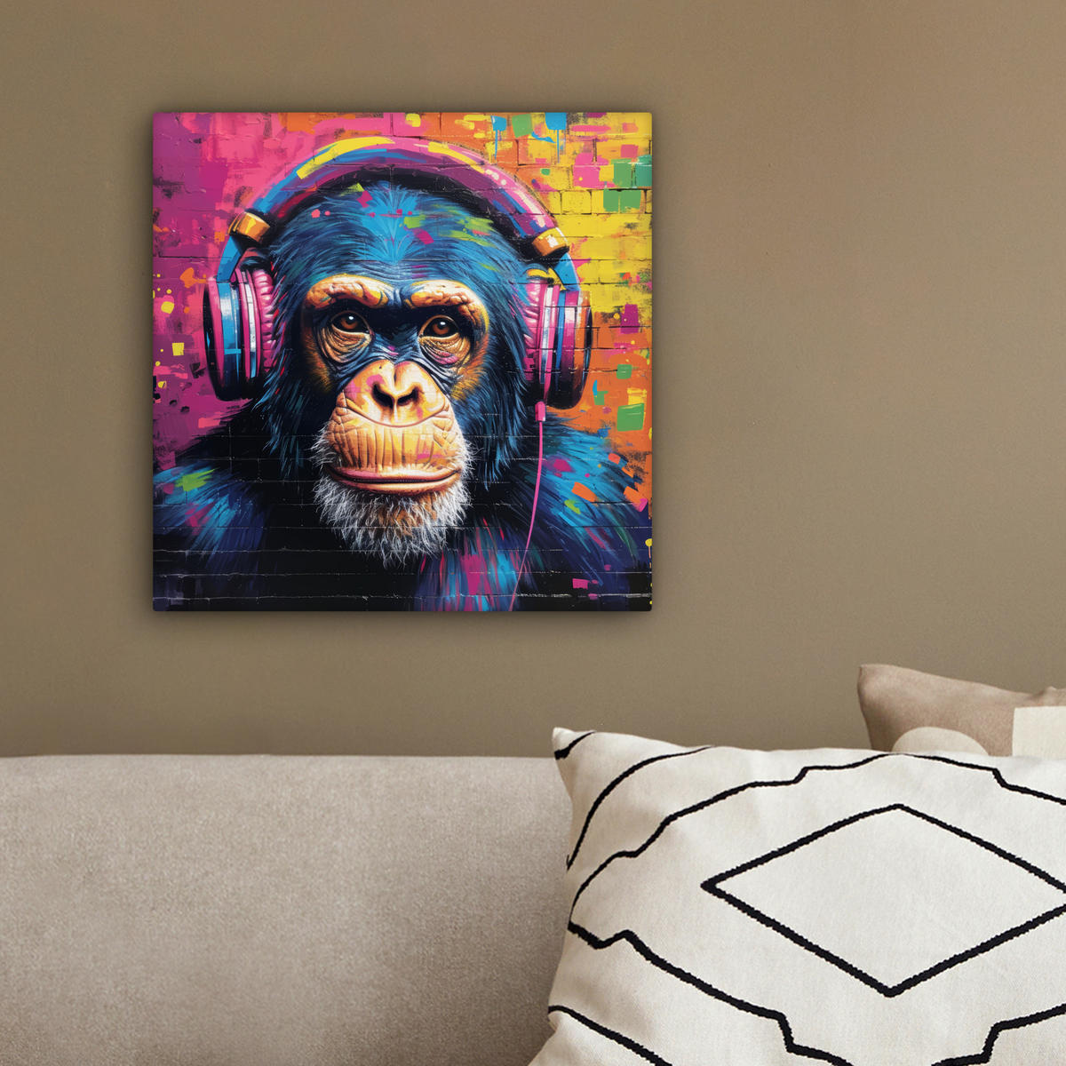 LEINWANDBILD Graffiti - Schimpanse - Straßenkunst - Kopfhörer - Affe 20x20 cm - Blau, Textil (20/20cm) - MuchoWow