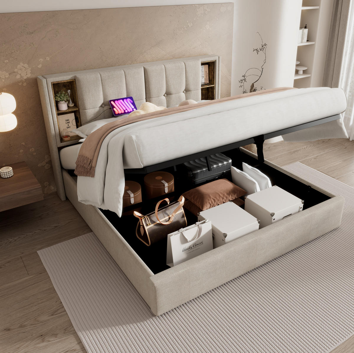 POLSTERBETT 140/200 cm mit kabellosem Laden, USB-C, Matratze, Bettkasten und Leinenbezug, Natürlich - Naturfarben, Textil (140/200cm) - Redom