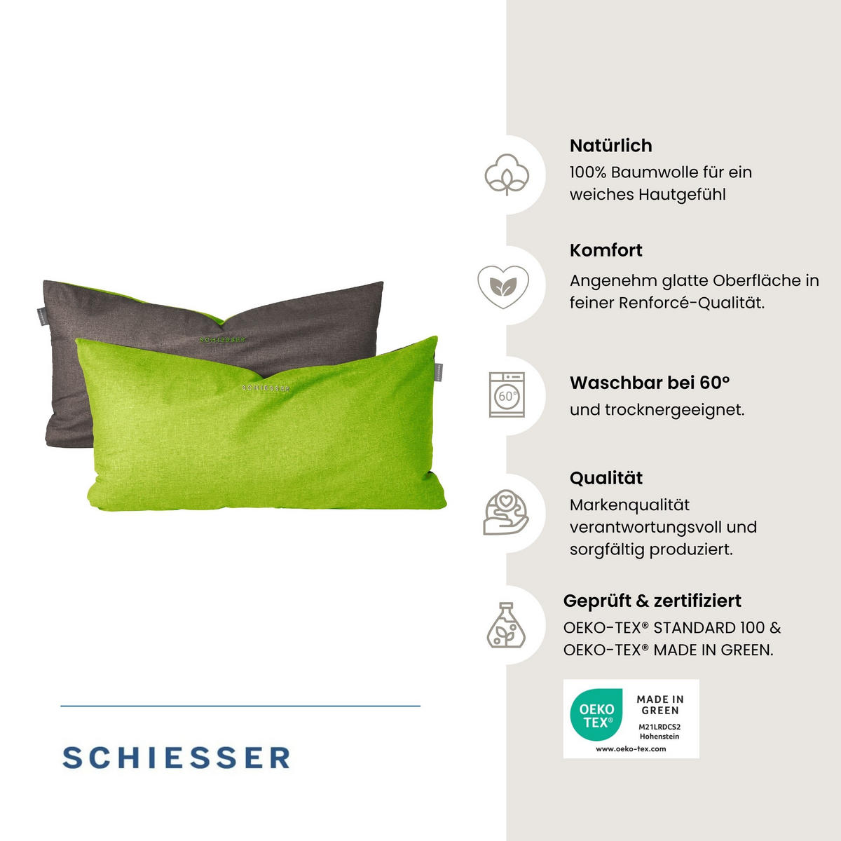 KISSENHÜLLENSET Doubleface Renforcé 2-teilig 40x80 cm Grün-Dunkelgrau - Dunkelgrau/Grün, Textil (40/80cm) - SCHIESSER