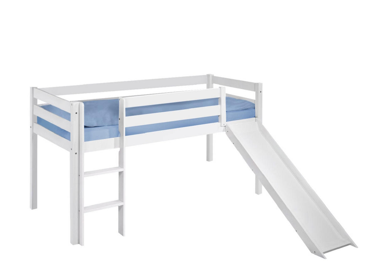SPIELBETT JELLE Feuerwehr - Hochbett - mit Rutsche und Vorhang - Weiß, Holz - Lilokids