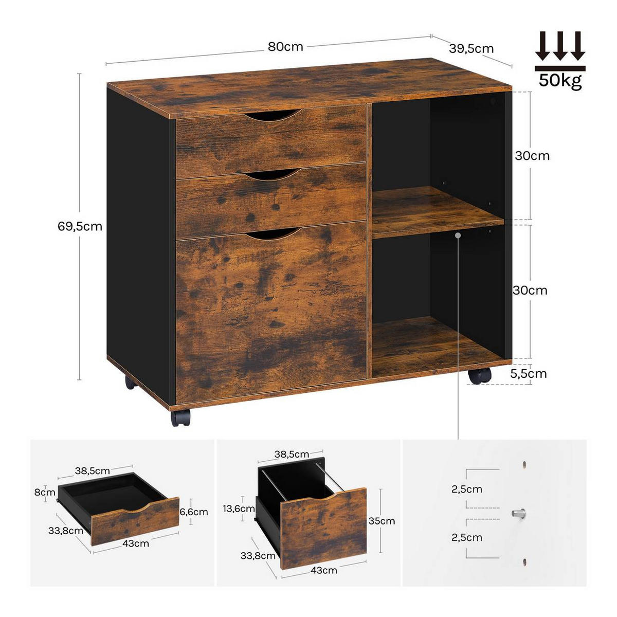 ROLLCONTAINER mit 3 Schubladen,5 Rollen, Rustikales Braun - Dunkelbraun/Schwarz, Holzwerkstoff (80/69.5/39.5cm) - Woltu