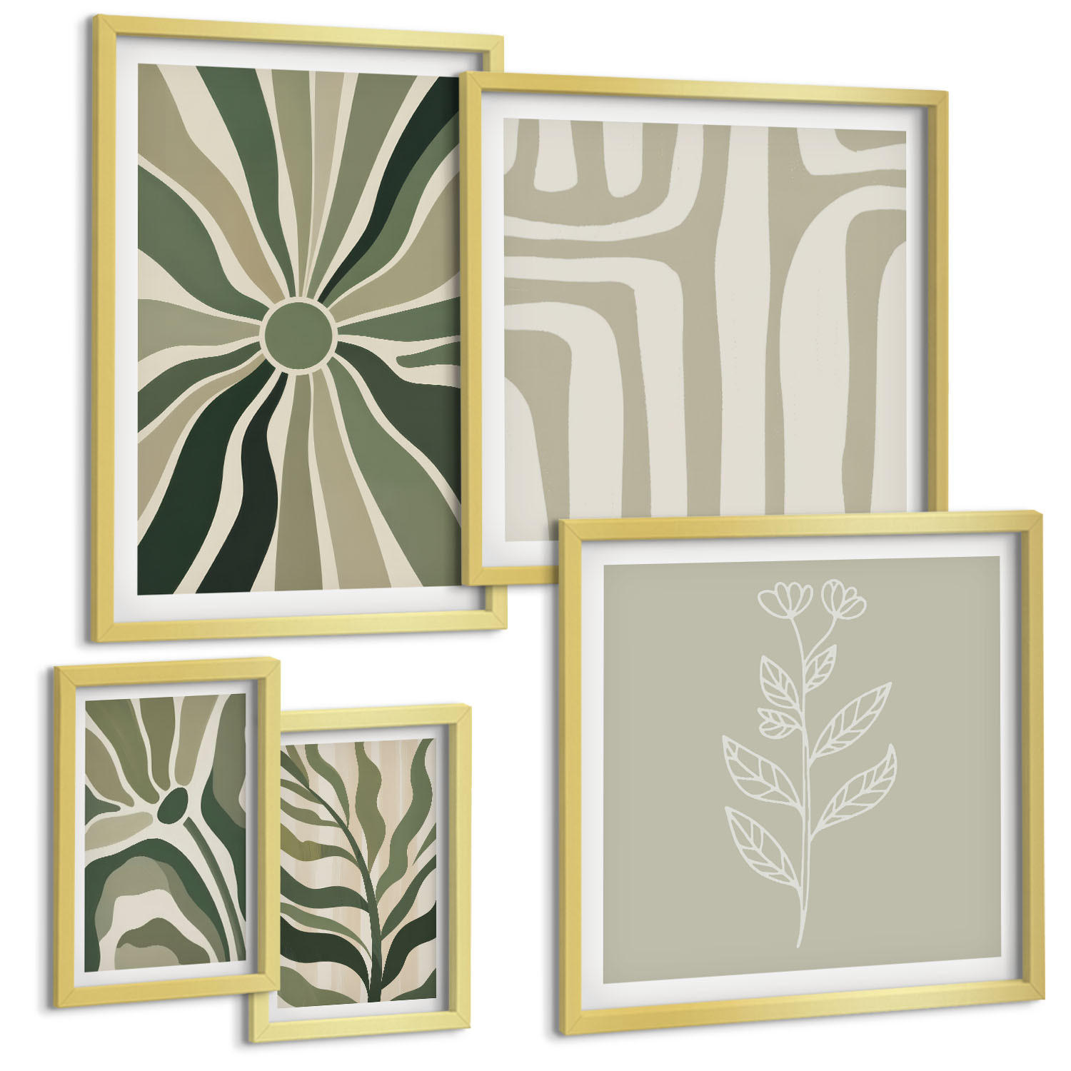 BILDER SET 5er Set - 50x50 cm & 20x30 cm & 40x60 cm Goldrahmen - Pflanzenmuster grüner Minimalismus - Goldfarben, Kunststoff (40/60cm) - TULUP
