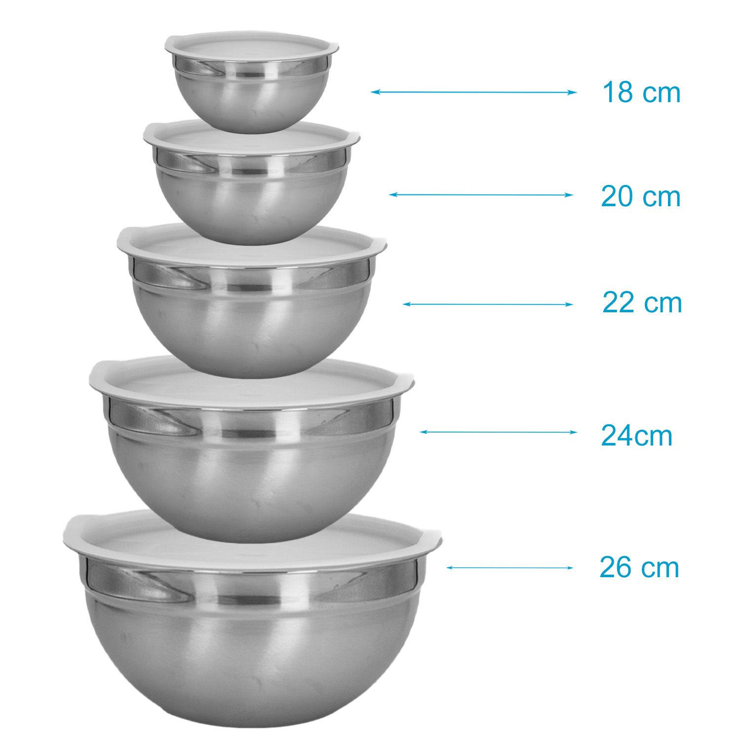 SALAT RÜHRSCHÜSSEL Set mit Deckeln in verschiedenen Größen (5-tlg.) - Silberfarben, Metall (22cm) - Intirilife