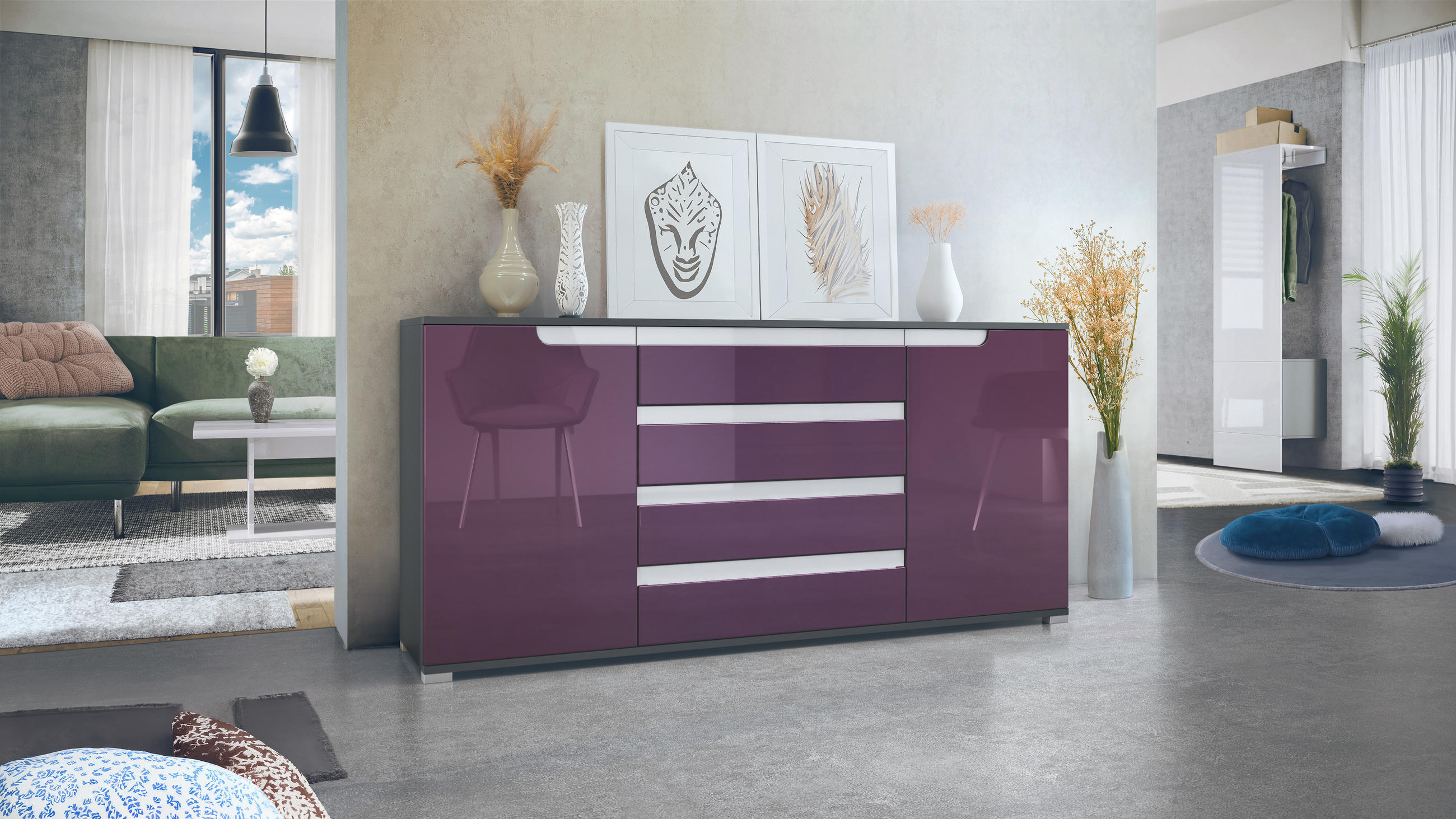 SIDEBOARD Sylt Brombeer Hochglanz / Weiß Hochglanz - Brombeere, Holzwerkstoff (166.5/75.5/35cm) - Vladon