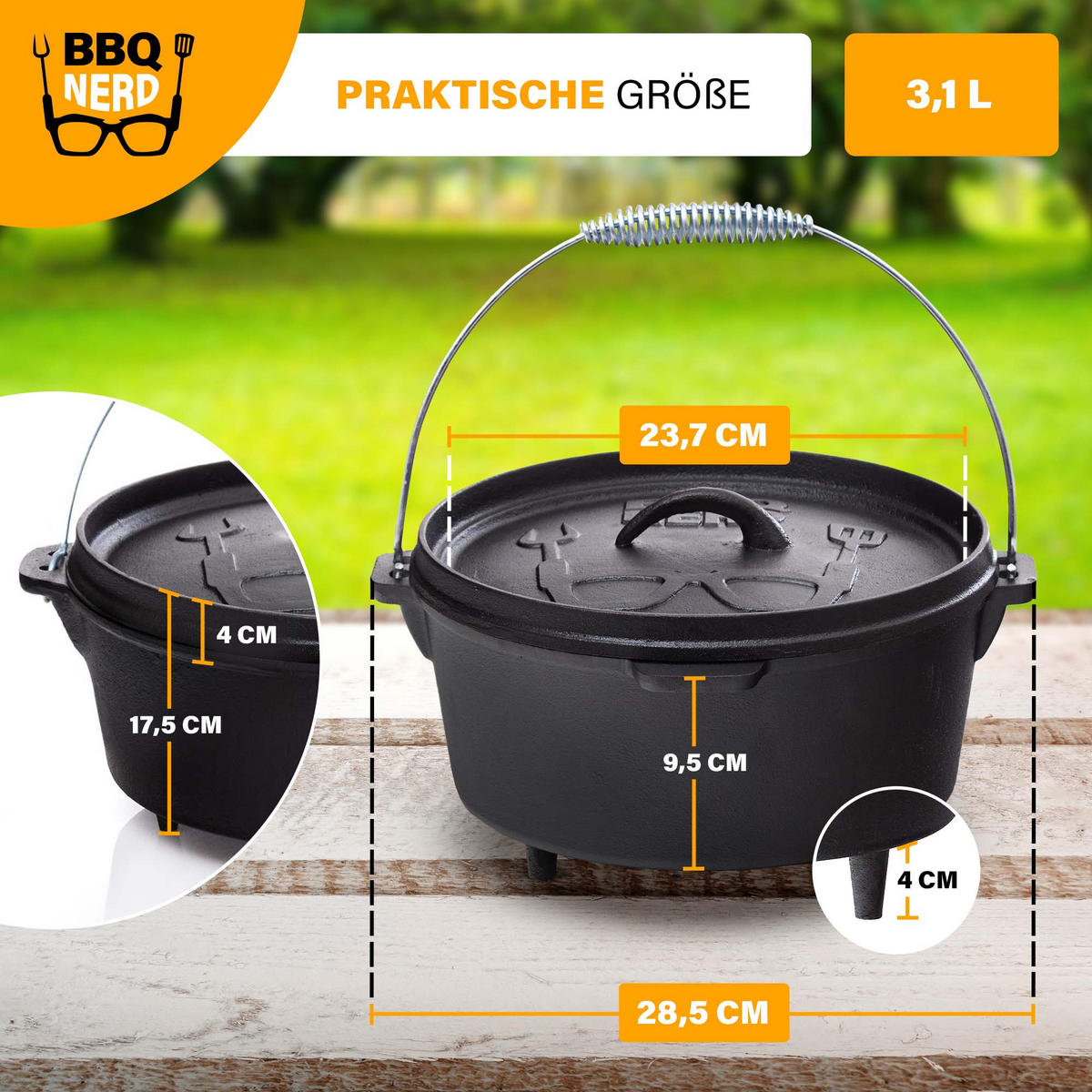 DUTCH-OVEN Gusseisen Feuertopf Gusstopf Grilltopf "Starter" 3,1L mit Füßen - Schwarz, Metall (28.5/19.5/28.5cm) - BBQ Nerd