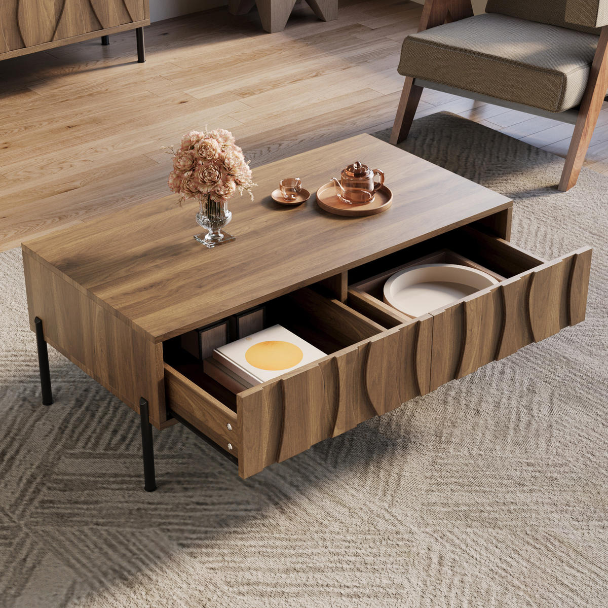 COUCHTISCH aus MDF und Spanplatte 105x55x41 cm in Natur mit 2 Schubladen - Naturfarben, Holzwerkstoff (105/55/41cm) - Modfu
