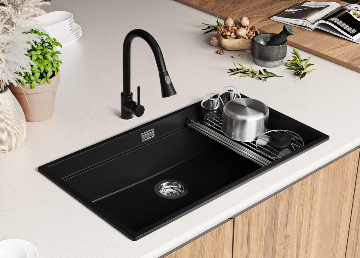 SPÜLBECKEN Praga Slim, 2-er set Schwarz 86/47 cm 1 Becken + Ablauf-Set + Aufrollbare Abtropffläche ab 90er Unterschrank - Chromfarben/Schwarz, Kunststoff (86/20/47cm) - Primagran