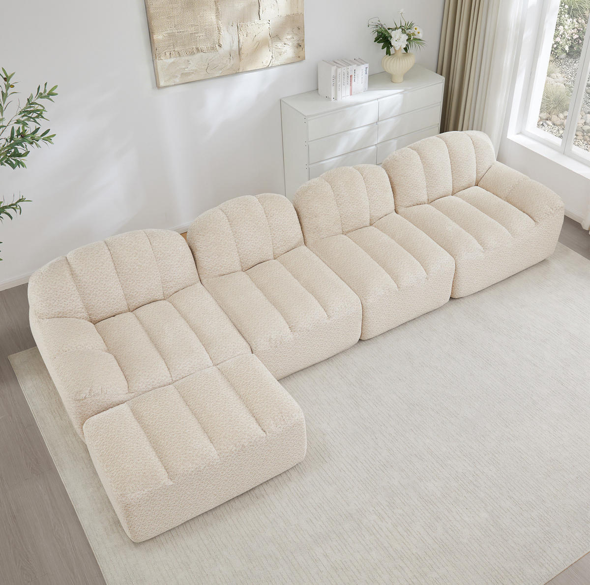 SOFA modular 4-Sitzer mit Ottoman Granulierter Fleece Beige White - Beige, Kunststoff (165/366cm) - Meubliv