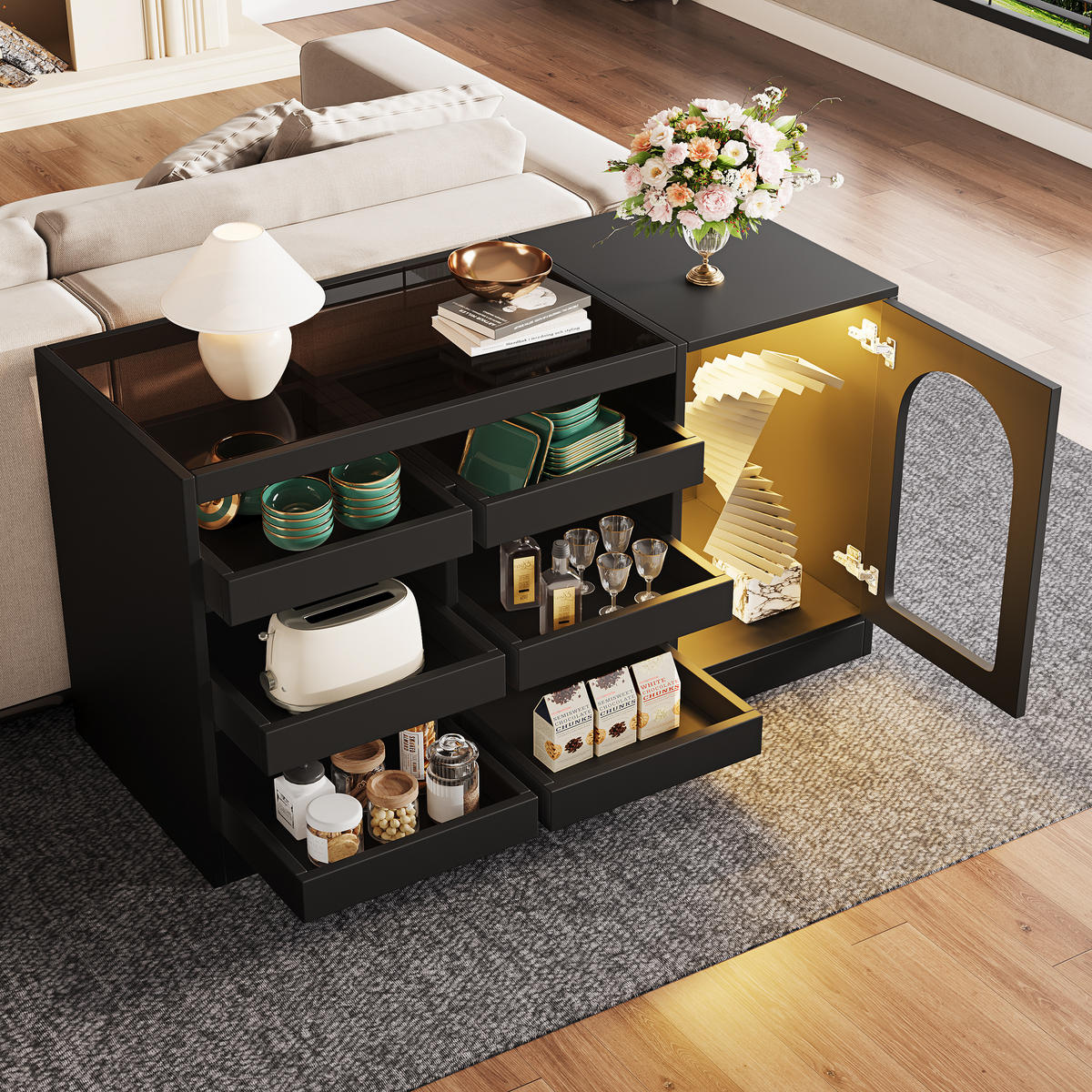 SIDEBOARD in Schwarz Anrichte mit LED, 6 Schubladen und Tür, für Wohnzimmer und Esszimmer, B120/T40/H75cm - Transparent/Schwarz, Glas/Holzwerkstoff (120/75/40cm) - STILVORA