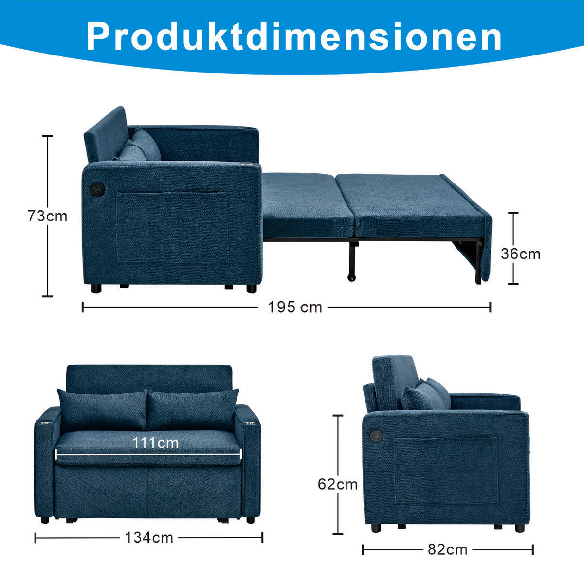 SCHLAFSOFA 134/82/73 cm Marineblau mit USB Charging und Aufbewahrungstasche - Blau, Textil (134/73/195cm) - Oxeza