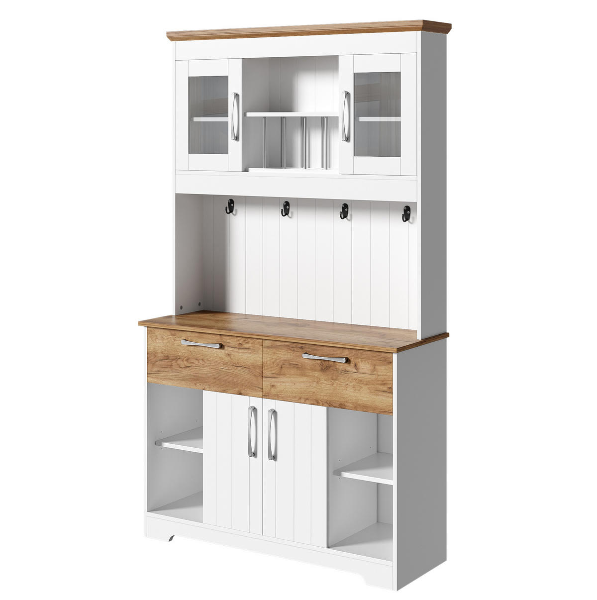 BUFFET aus Spanplatte 106x39x176,5 cm Weiß/Natur mit Vitrinenfächern, 2 Schubladen und Hakenleiste - Naturfarben, Holzwerkstoff (106/176.5/39cm) - Modfu