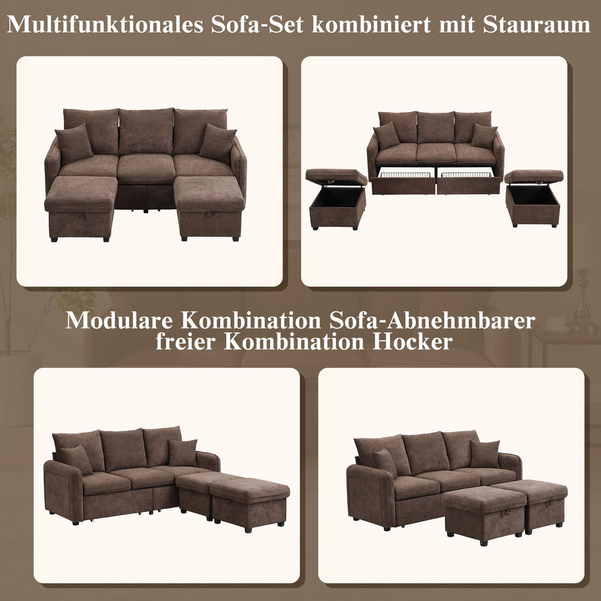 ECKSOFA-SET Chenille mit Stauraum und Schlaffunktion 3-Sitzer und 2 Hocker 188/186/86 cm Dunkelbraun - Dunkelbraun, Kunststoff/Textil (186/188cm) - Redom