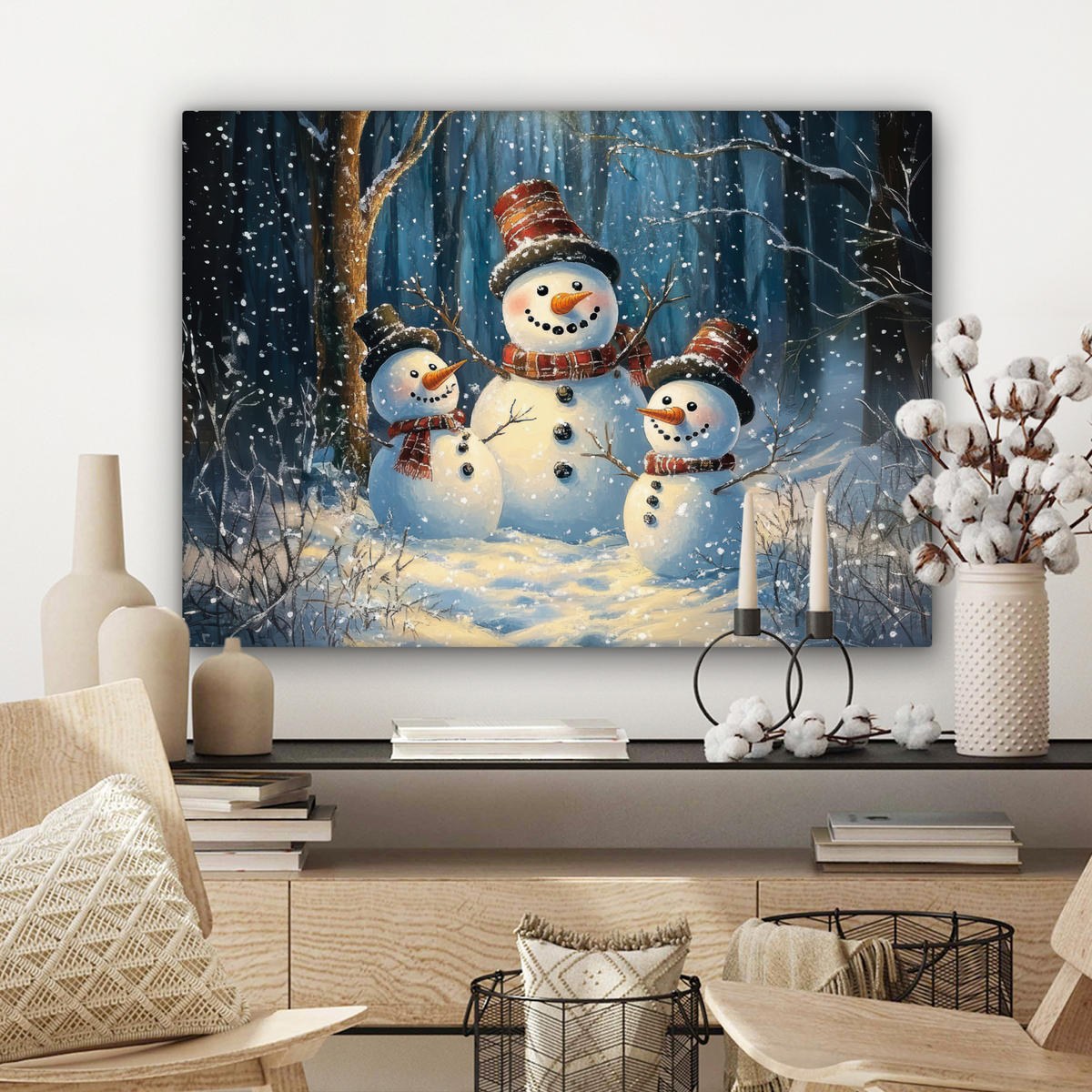 LEINWANDBILD Schneemann - Schnee - Winter - Wald Wandbilder 80x60 cm - Hellblau, Textil (80/60cm) - MuchoWow