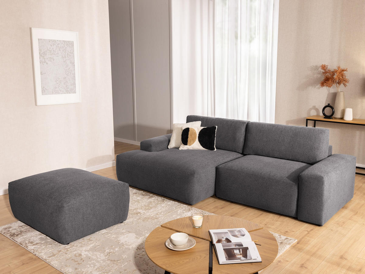 ECKSOFA inkl. Hocker Lennon aus Graphit Strukturstoff mit Schlaffunktion und Bettkasten - Graphitfarben/Schwarz, Holz/Kunststoff (137/264cm) - S-Style