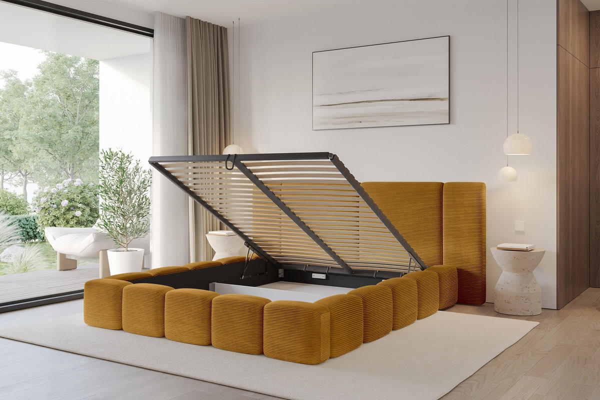POLSTERBETT mit Bettkasten und Lattenrost, Bett mit Matratze H3/H4 - NILO 140x200 Senfgelb - Currygelb, Holzwerkstoff/Textil (140/200cm) - ALTDECOR