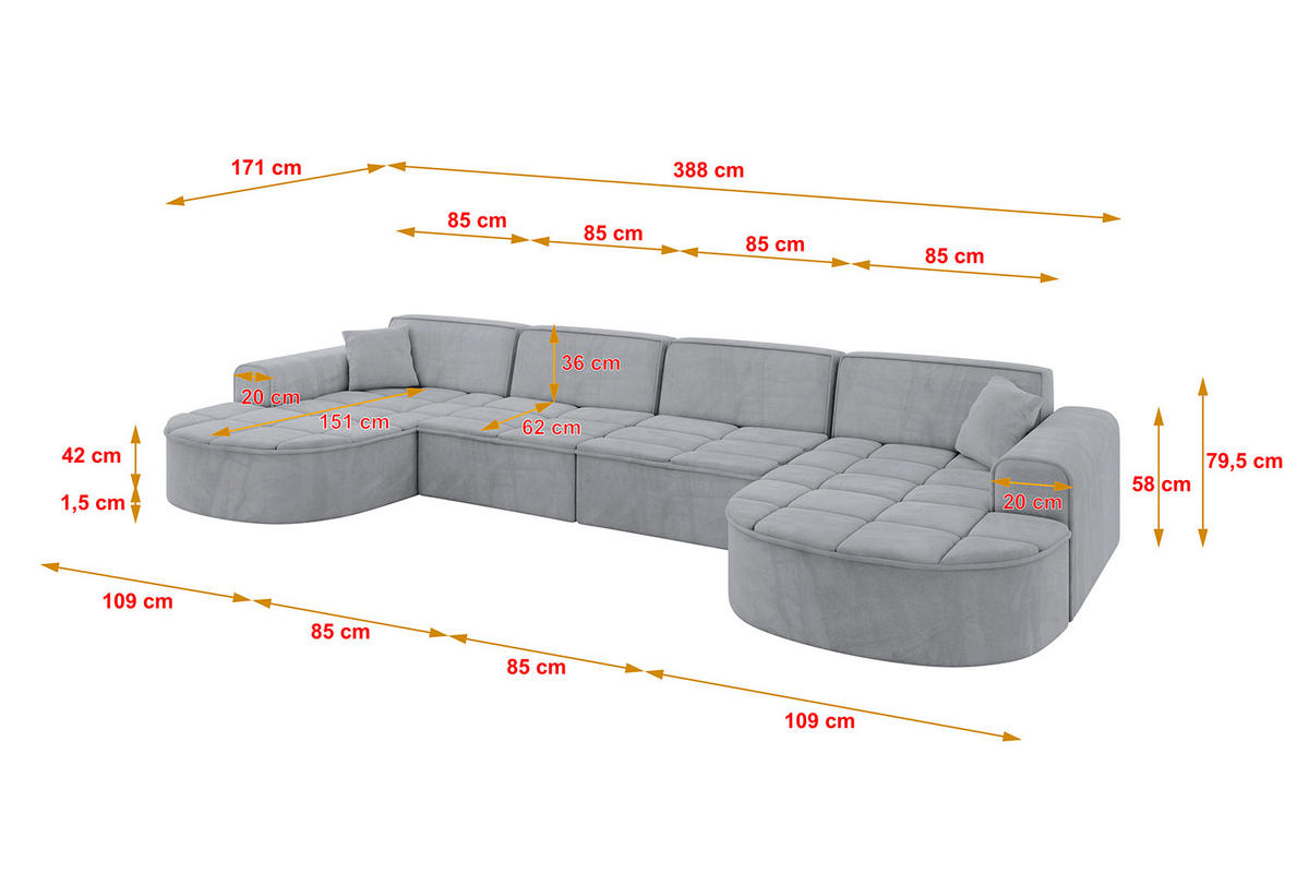 WOHNLANDSCHAFT TARO-U2 - 388x171x79,5 cm Grau - Grau, Holzwerkstoff/Textil (388/79.5/171cm) - ALTDECOR
