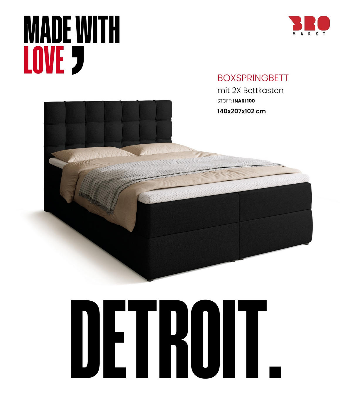 BOXBETT Detroit mit Topper 140/200 Schwarz - Schwarz, Holzwerkstoff/Textil (140/200cm) - Bromarkt