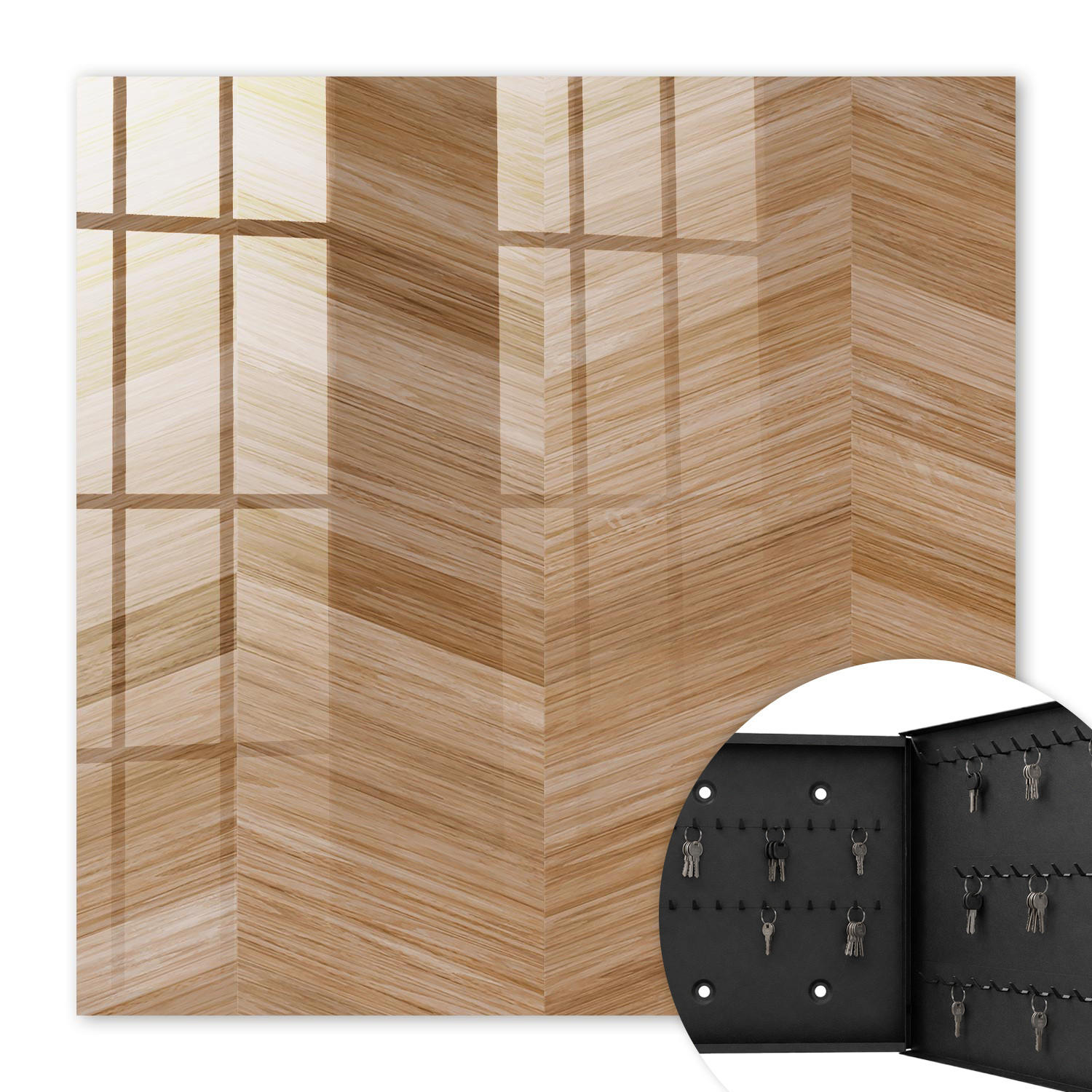 SCHLÜSSELBOX Schwarz 30x30 cm- Türöffnung nach rechts - Holz-Fischgrätmuster - Braun, Metall (30/30/5cm) - TULUP