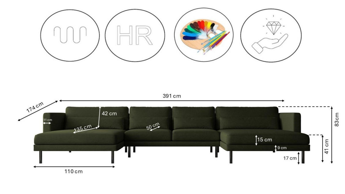ECKSOFA DANI In U-Form Stilvolles Stoff Verita Dunkelgrün - Dunkelgrün, Holz/Textil (174/391cm) - Kaiser Möbel