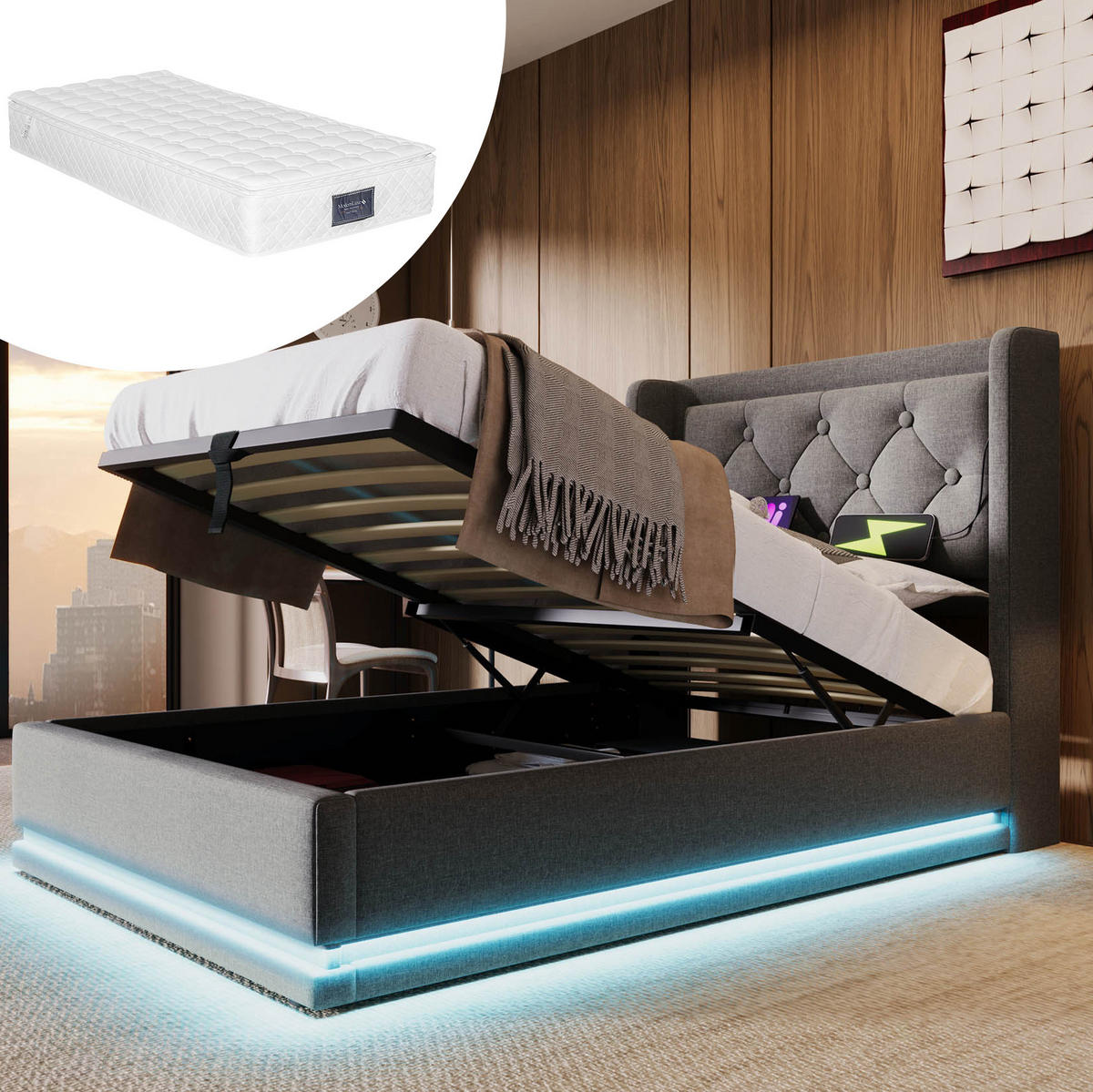 POLSTERBETT 90/200 cm Grau aus Baumwolle mit Stauraum und LED - Grau, Textil (90/200cm) - OKMYHOME