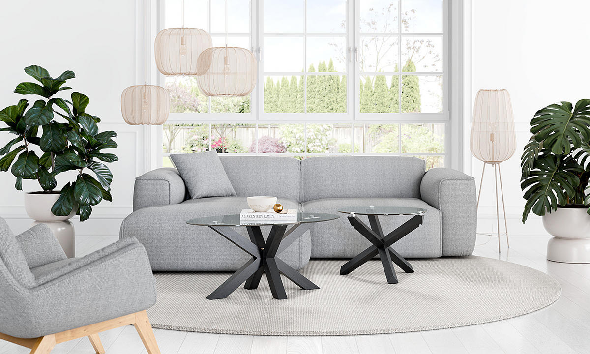 COUCHTISCH - Oval - Glas / Eiche massiv - Eichefarben/Schwarz, Glas/Holz (60/100/45cm) - home24