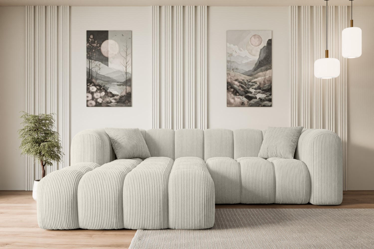 ECKSOFA Ottomane Links OLEA-L1 - 231x173x74 cm Hellgrau Cord - Hellgrau/Schwarz, Holzwerkstoff/Kunststoff (190/242cm) - ALTDECOR