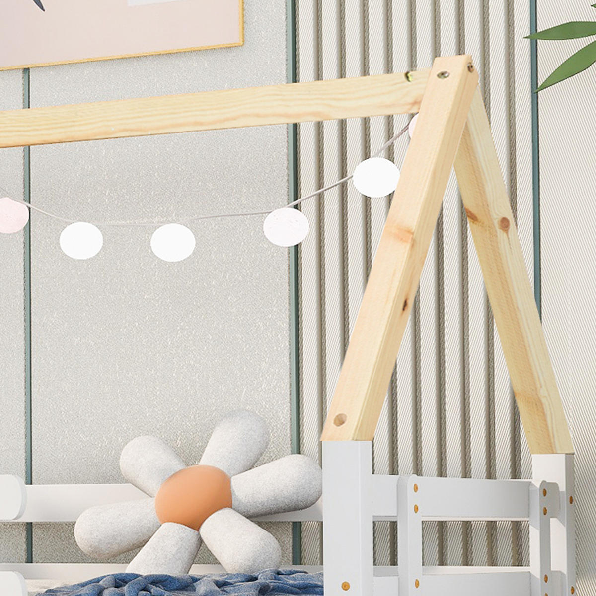 HAUSBETT 90/200 cm mit Ausziehbett, Rundum-Sicherheitsgeländer und Massivholzgestell, Weiß/Natur - Weiß, Holz (90/200cm) - Redom