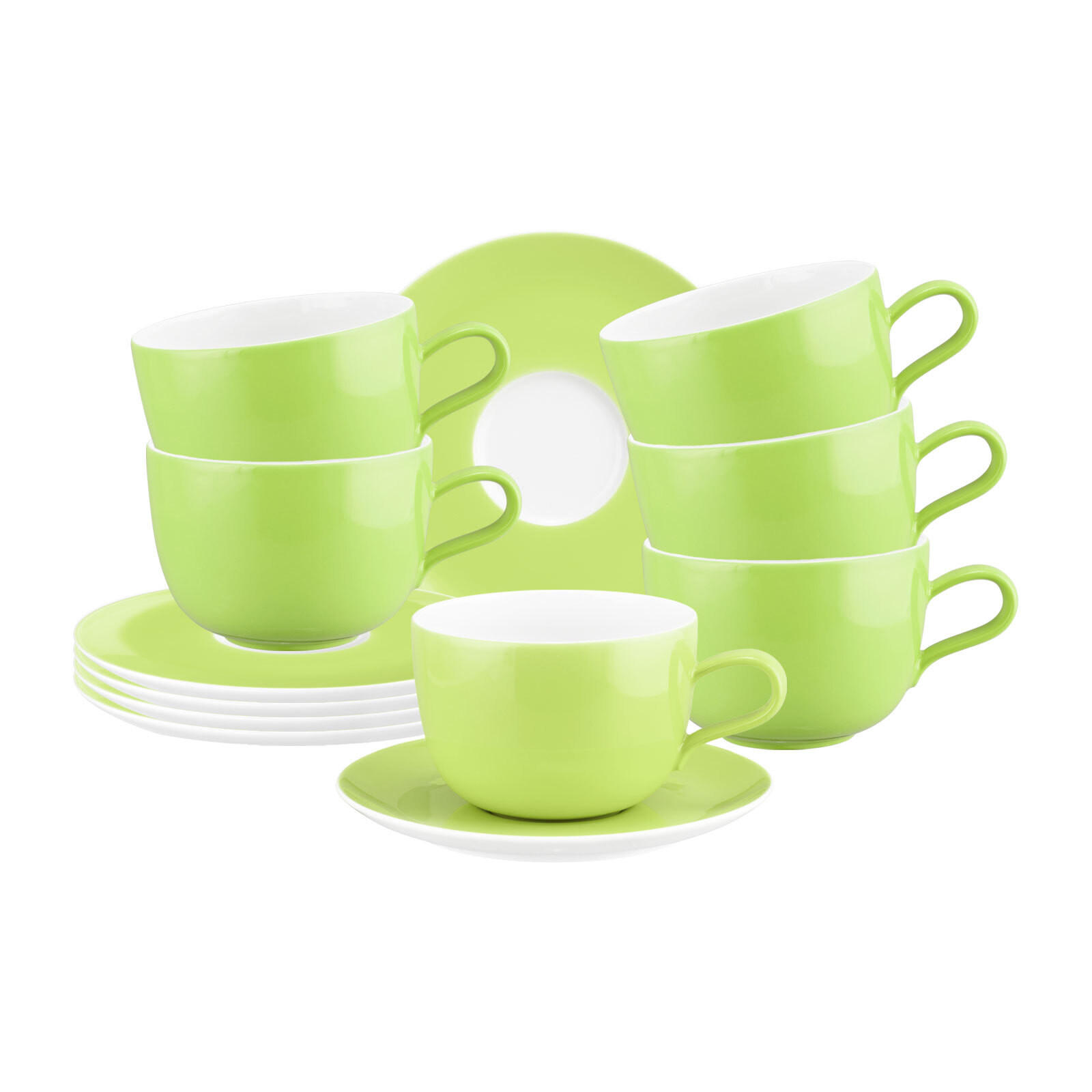 MILCHKAFFEETASSEN MIT UNTERTASSEN Liberty Pure Colors Lime Green 380 ml 6er Set - Grün, Keramik (0.38L) - Seltmann Weiden