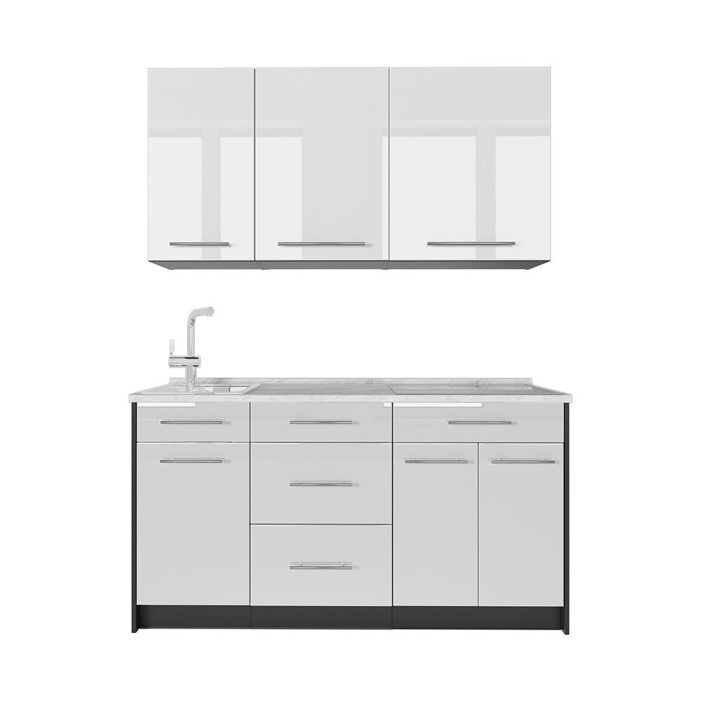 SINGLEKÜCHE Fame-Line, Weiß Hochglanz/Anthrazit, 150 cm, AP Marmor - Weiß Hochglanz/Anthrazit, Holzwerkstoff (150/82/60cm) - Vicco