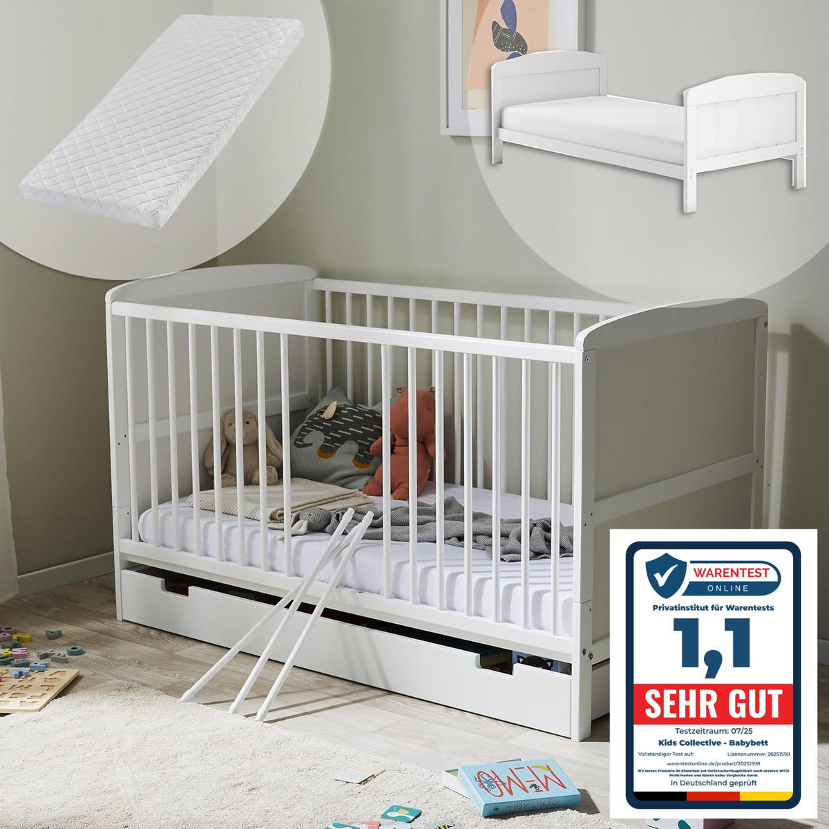 BABYBETT 70x140 cm mit Schublade und Matratze in weiss - Weiß, Holz (70/140cm) - Kids Collective