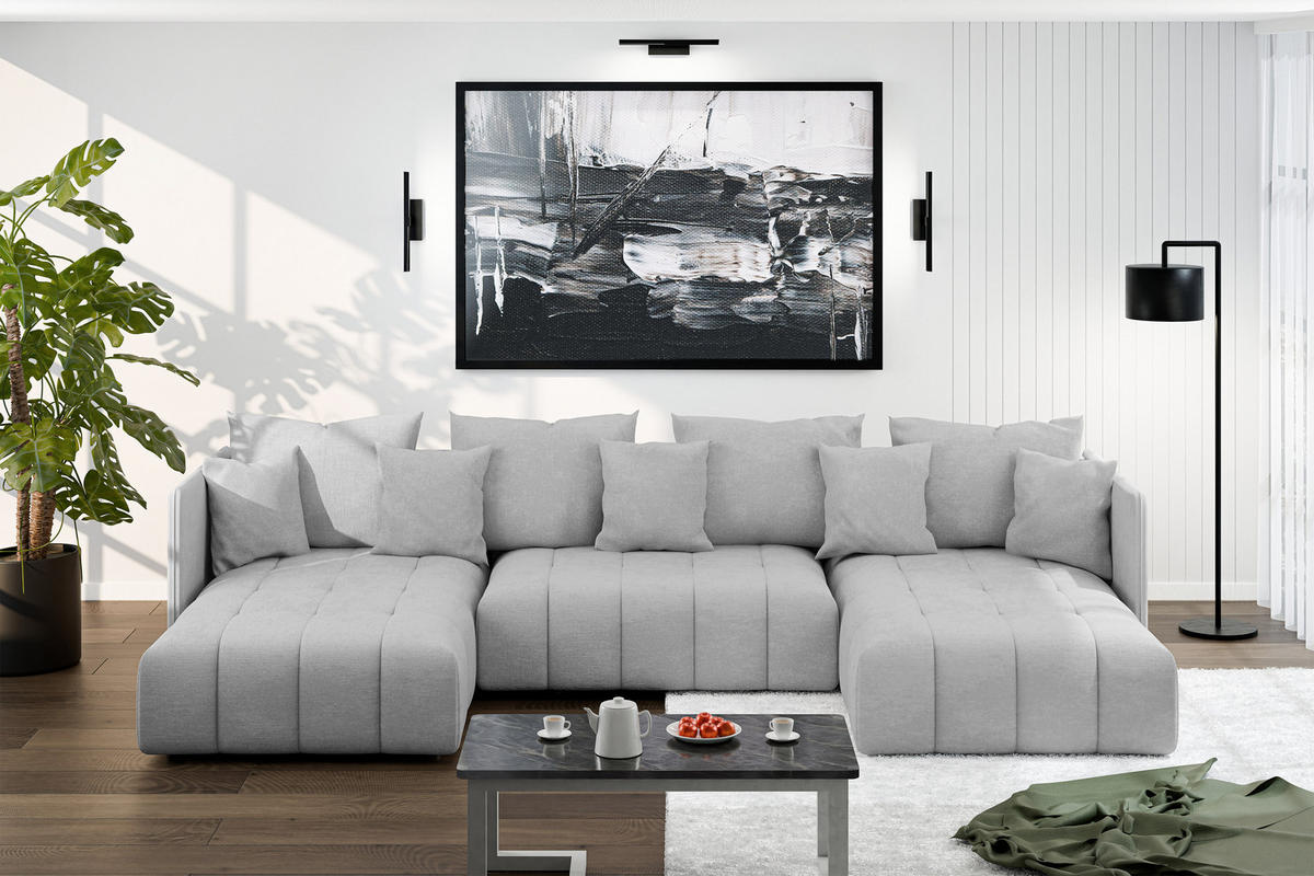 WOHNLANDSCHAFT Veliro U Hellgrau 353/180/83 cm mit Schlaffunktion und Bettkasten - Hellgrau/Schwarz, Kunststoff/Textil (353/83/180cm) - AX Living