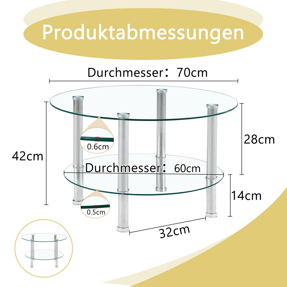 COUCHTISCH aus Glas und Metall Ø70/60x42 cm in Transparent mit 2 Ebenen - Transparent, Glas (70/70/42cm) - Modfu