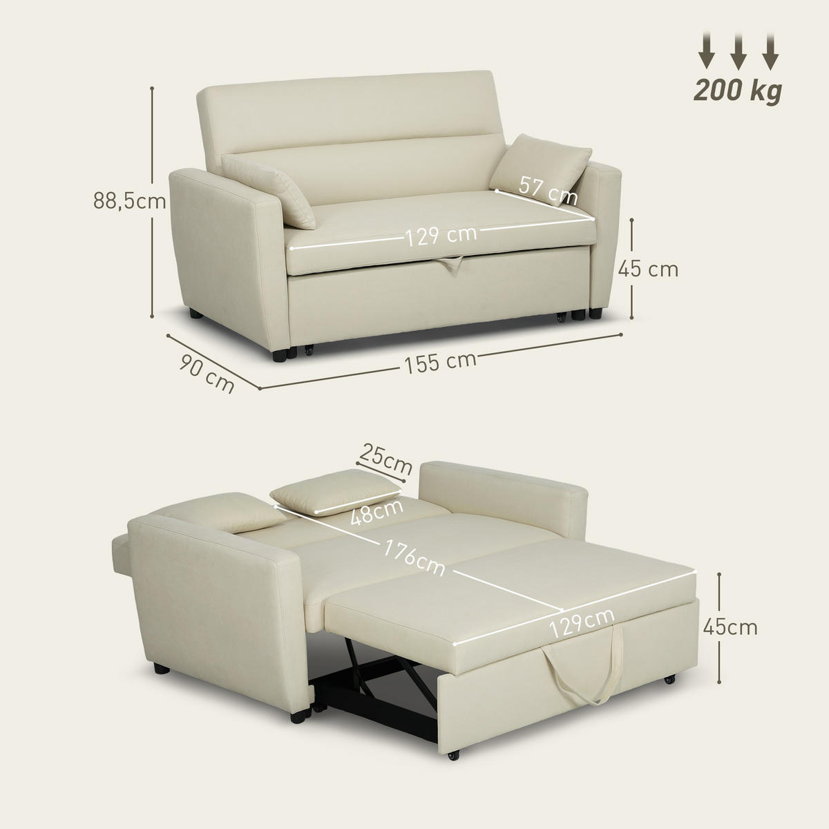 SCHLAFSOFA 2-Sitzer, Verstellbare Rückenlehne, Beige - Beige, Textil (155/88.5/90cm) - HOMCOM