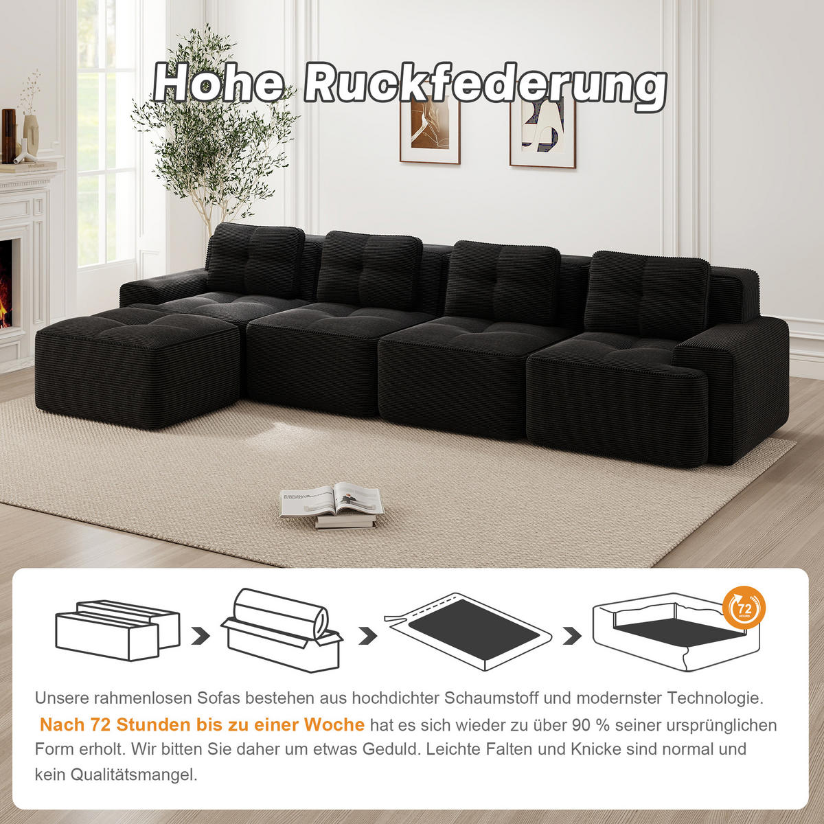 ECKSOFA 382/177/69 cm Schwarz Cord mit Ottoman - Schwarz, Textil (382/177cm) - Oxeza
