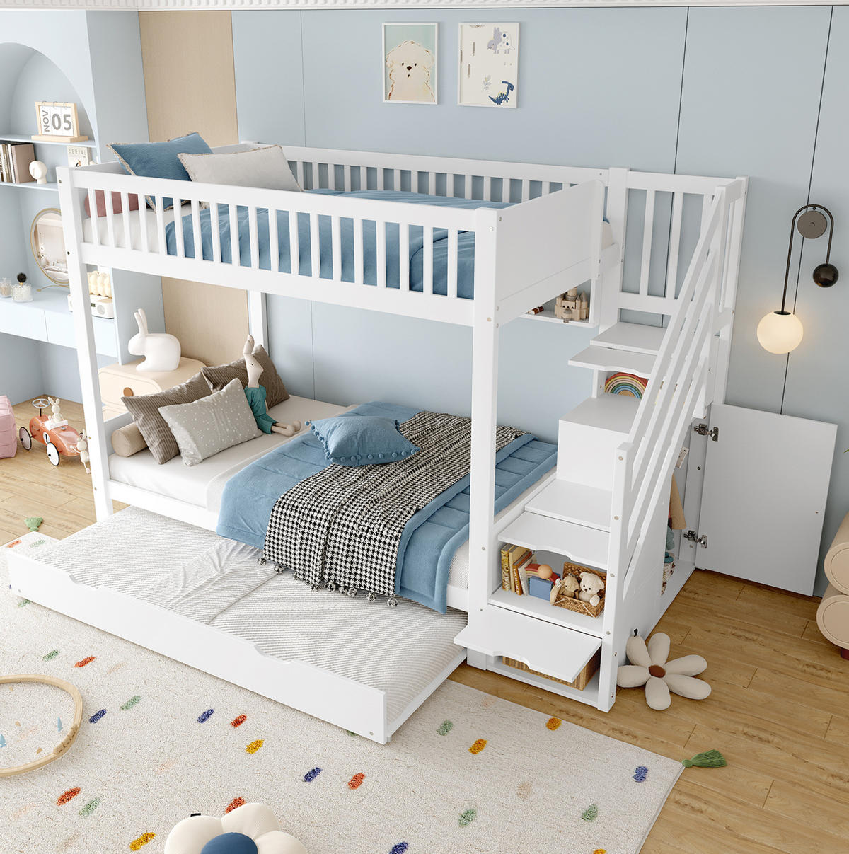 POSCHODOVÁ posteľ 254/95/165 cm biela s výsuvným lôžkom a úložnými schodmi z borovice a MDF - biela, drevo (90/200cm) - OKWISH
