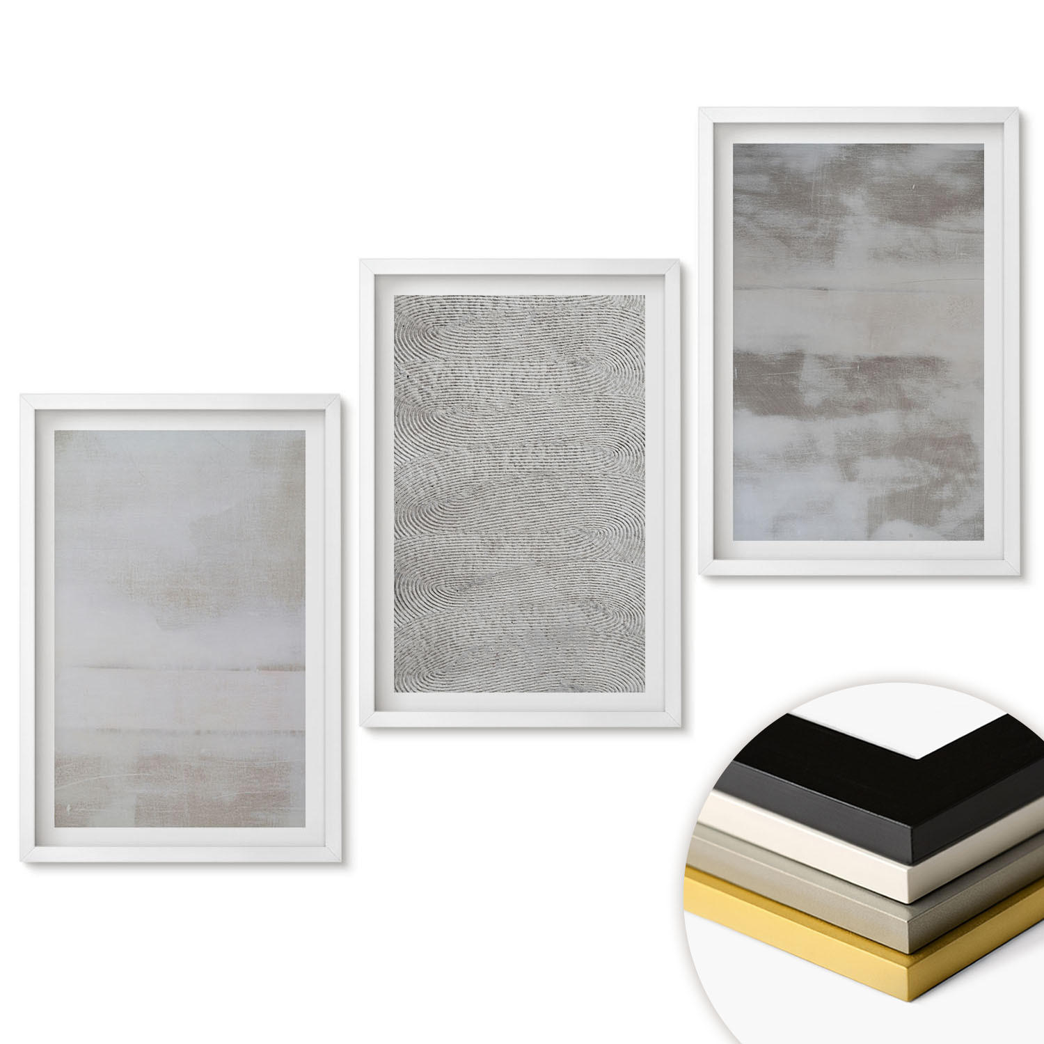 WANDBILDER 3er-Set - 40x60 cm Weißer Rahmen - Moderne minimalistische Texturen - Weiß, Kunststoff (40/60cm) - ArtPrintCave