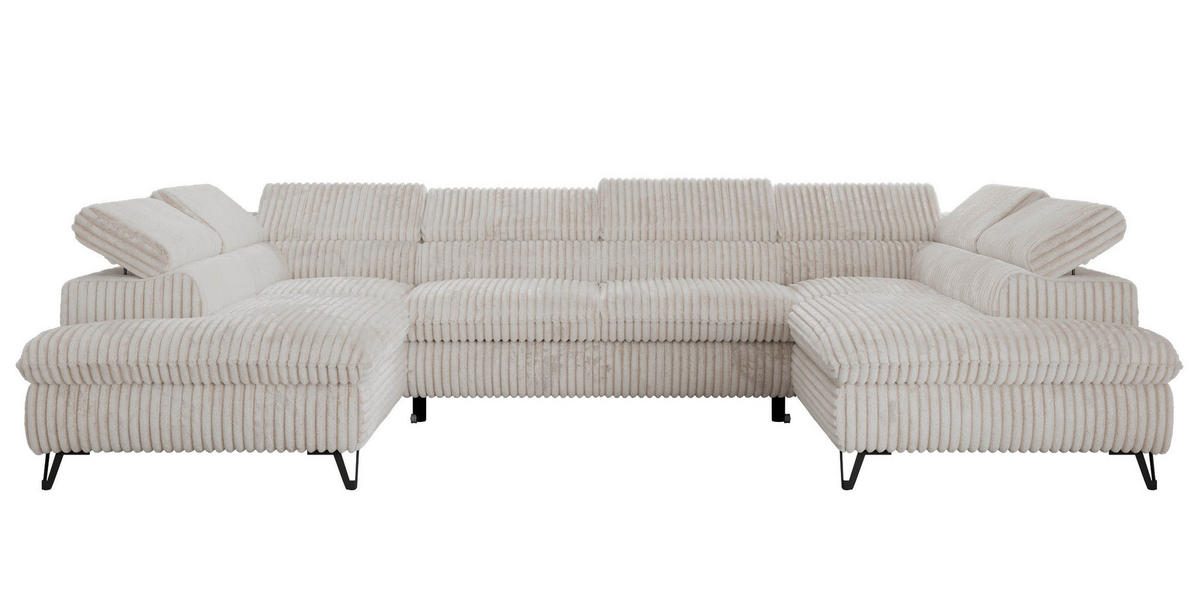 WOHNLANDSCHAFT PABLO U Cord Beige mit Topper Visco - Beige/Schwarz, Textil/Metall (346/76/208cm) - MKS