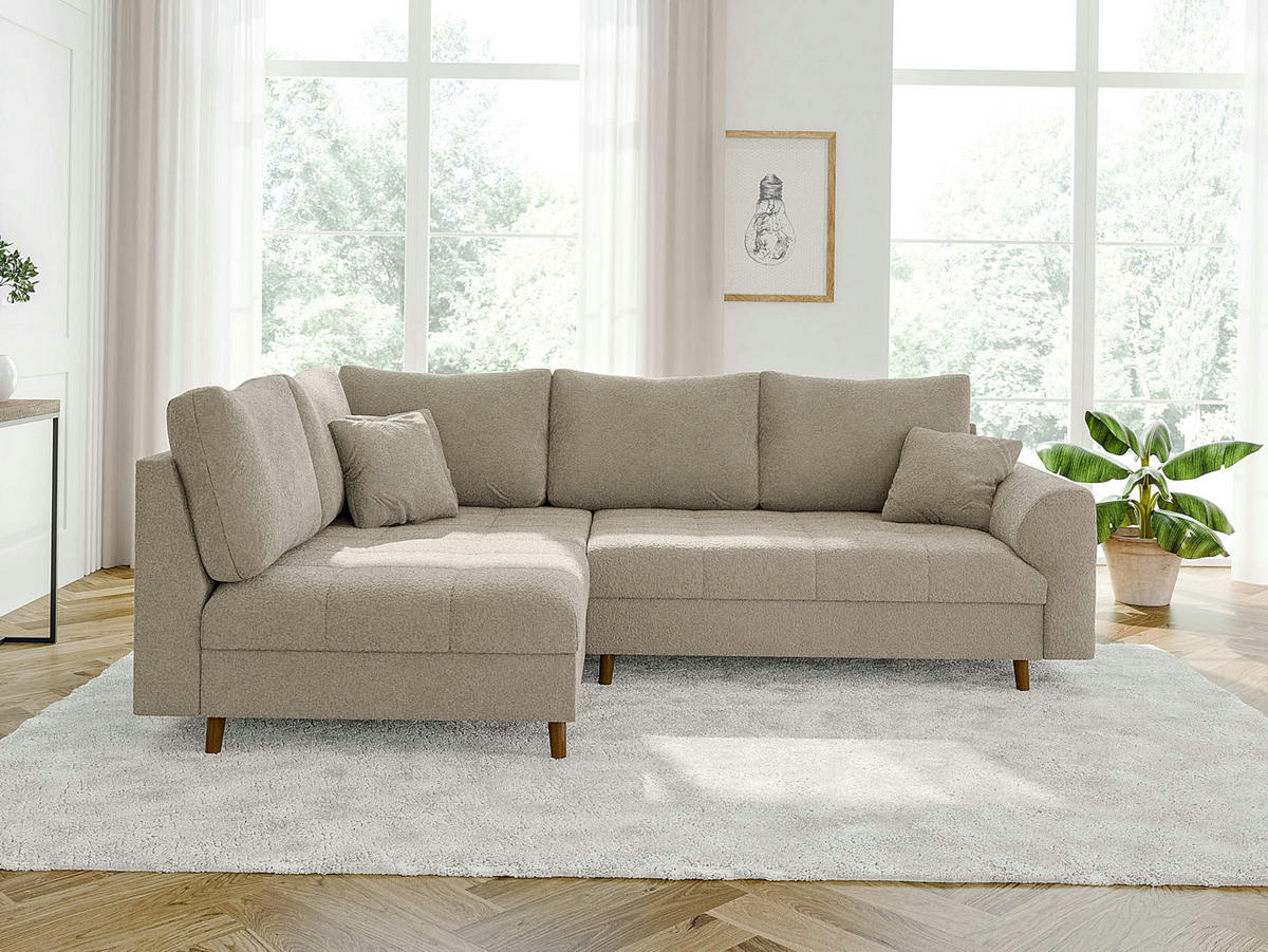 ECKSOFA Henrik Beige Boucle - Ottomane links - Beige/Braun, Holz/Textil (231/161cm) - S-Style Möbel
